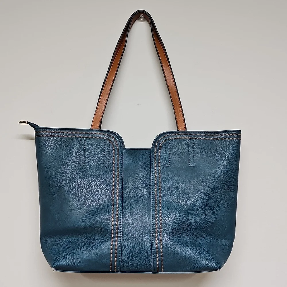 Montana West Teal & Brown Faux Leather Tote Bag, Spacious With Zipper Closure - Picture 3 of 10